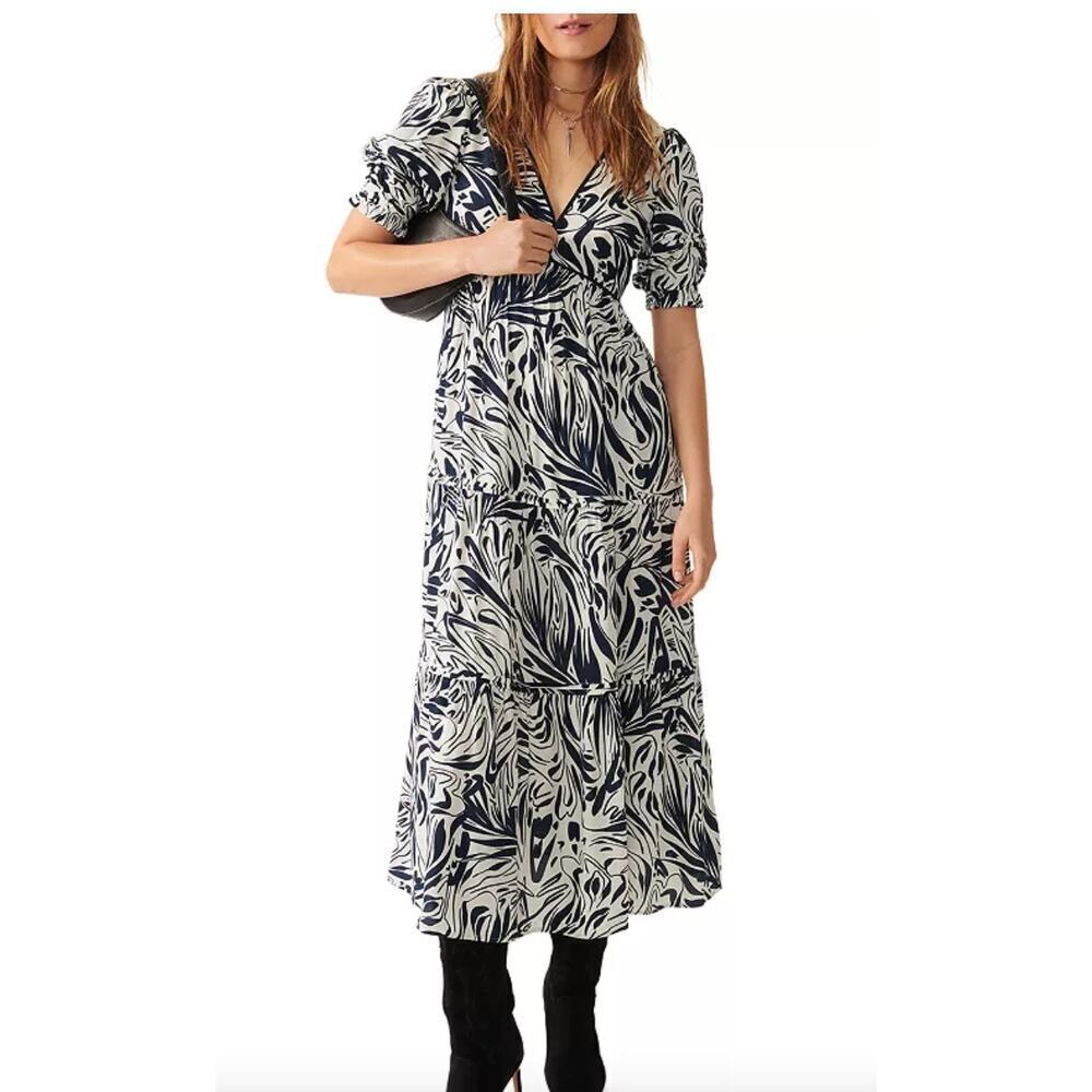 BA&SH Calas Abstract Print Midi Lady Dress Black and White Boho Size Small